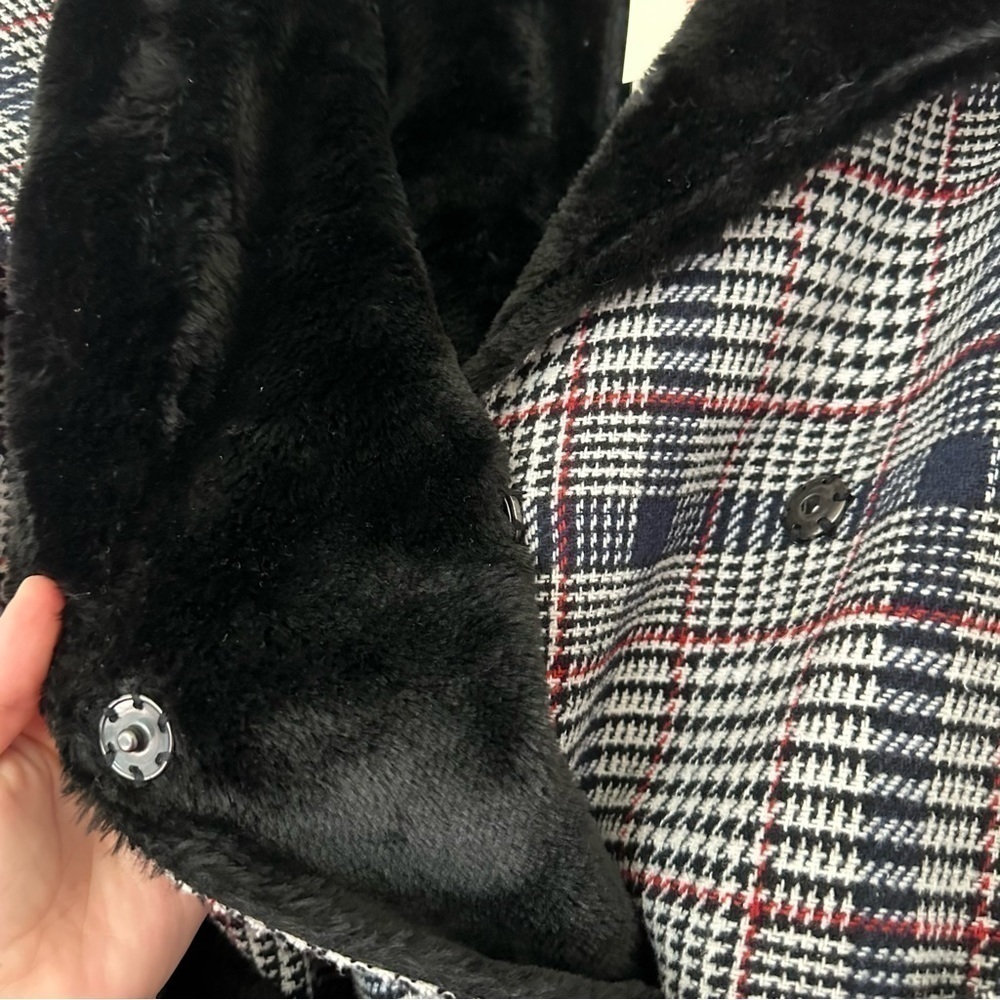 Solitaire Twill Plaid Faux Fur Belted Coat New Womens Large Black White New - Picture 8 of 10